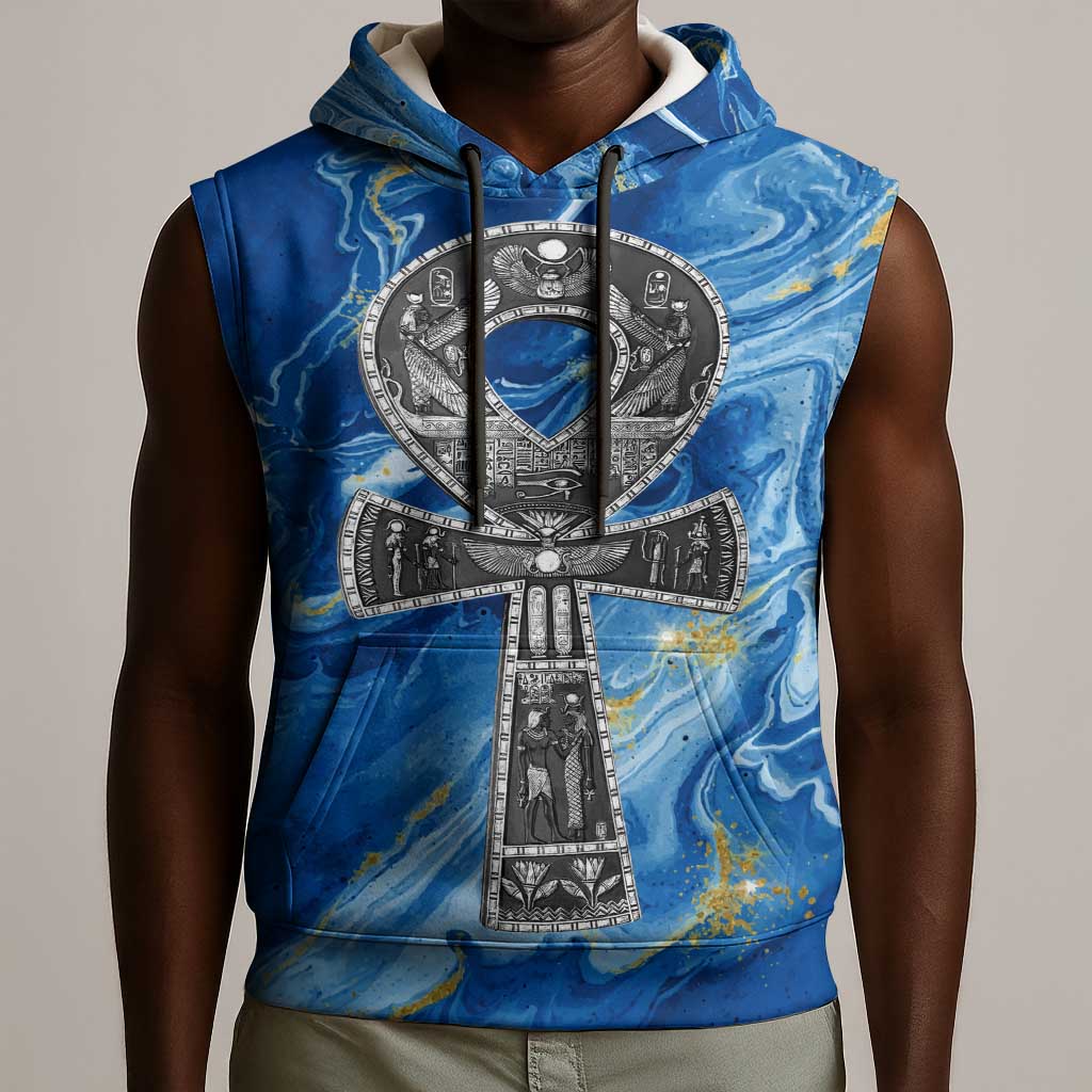 Ankh On Blue Sleeveless Hoodie Pan African - African Pride