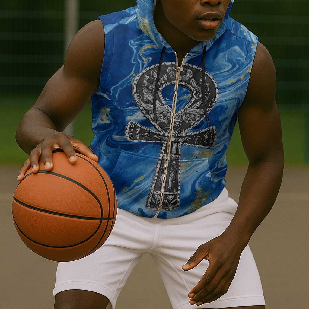 Ankh On Blue Sleeveless Zip Hoodie Pan African - African Pride