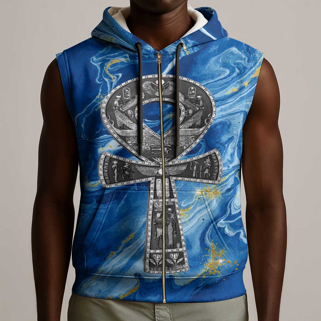 Ankh On Blue Sleeveless Zip Hoodie Pan African - African Pride