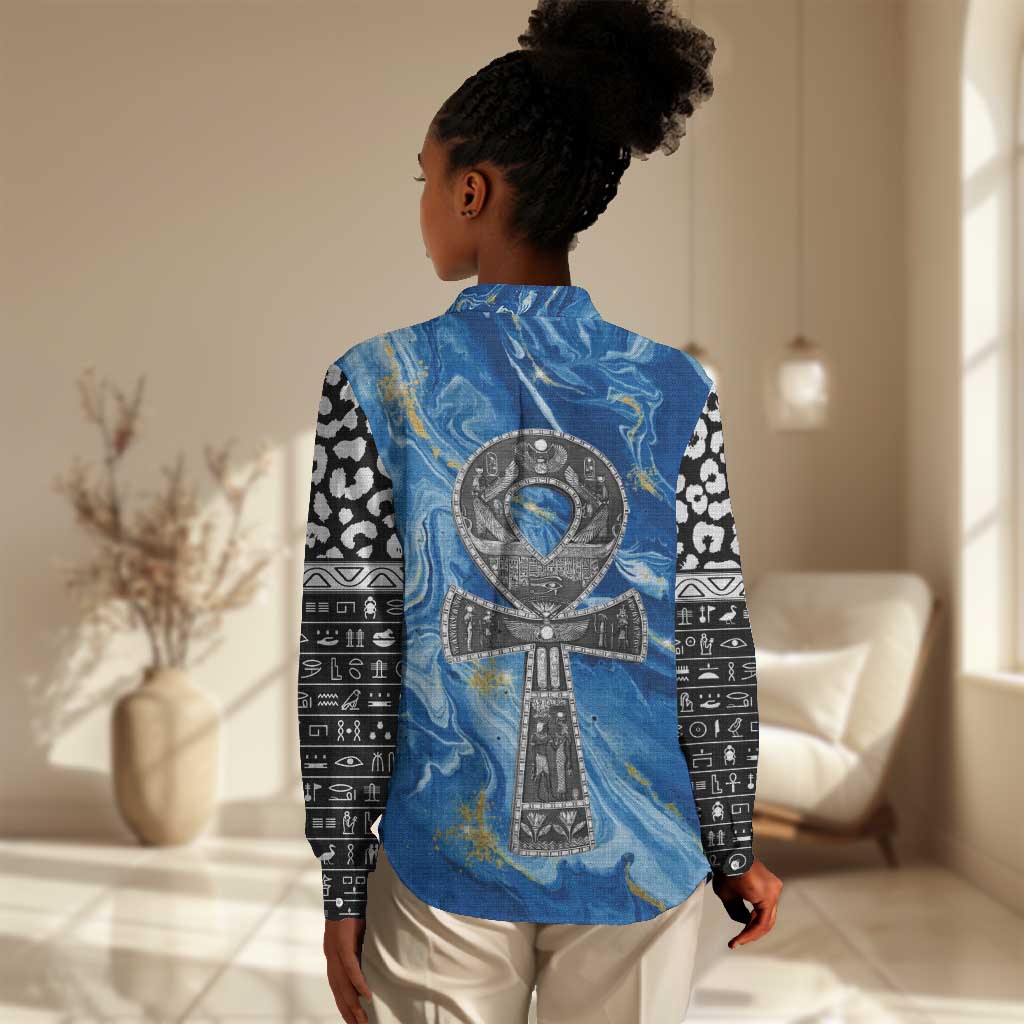 Ankh On Blue Women Casual Shirt Pan African DT02