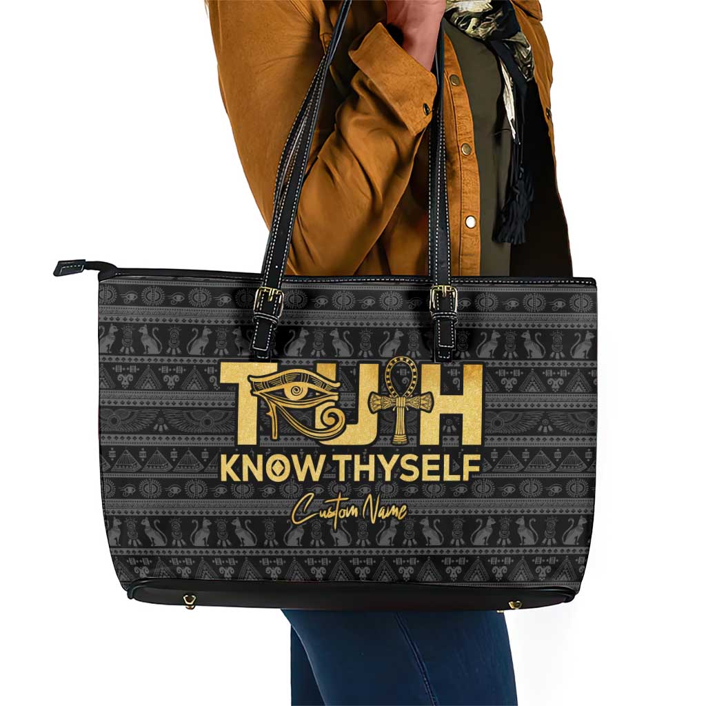 Personalized Truth Know Thyself Leather Tote Bag Eye of Horus and Ankh