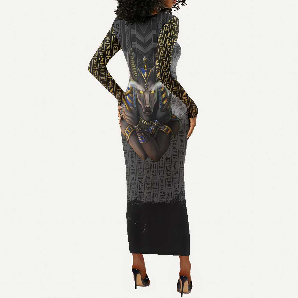 Anubis Long Sleeve Bodycon Dress Egypt Pattern Black DT02