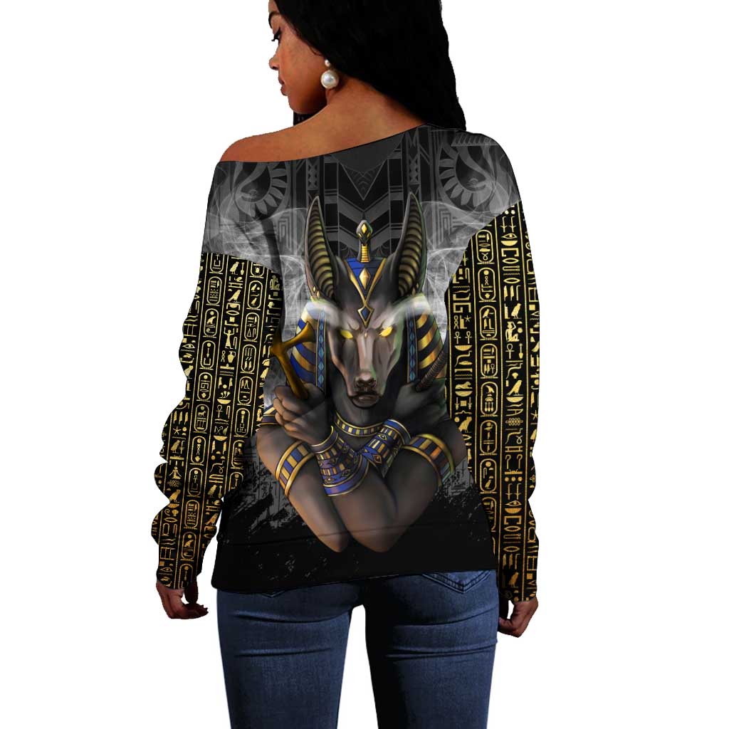 Anubis Off Shoulder Sweater Egypt Pattern Black