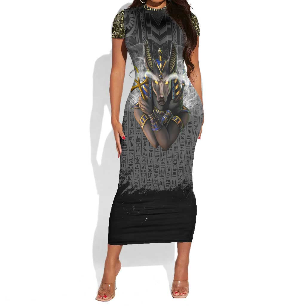 Anubis Short Sleeve Bodycon Dress Egypt Pattern Black DT02