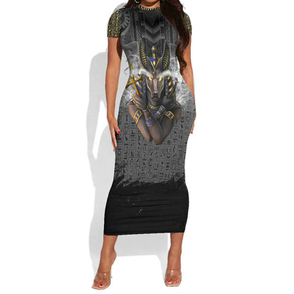 Anubis Short Sleeve Bodycon Dress Egypt Pattern Black DT02