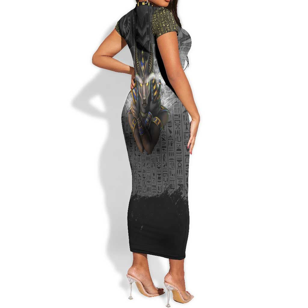 Anubis Short Sleeve Bodycon Dress Egypt Pattern Black DT02