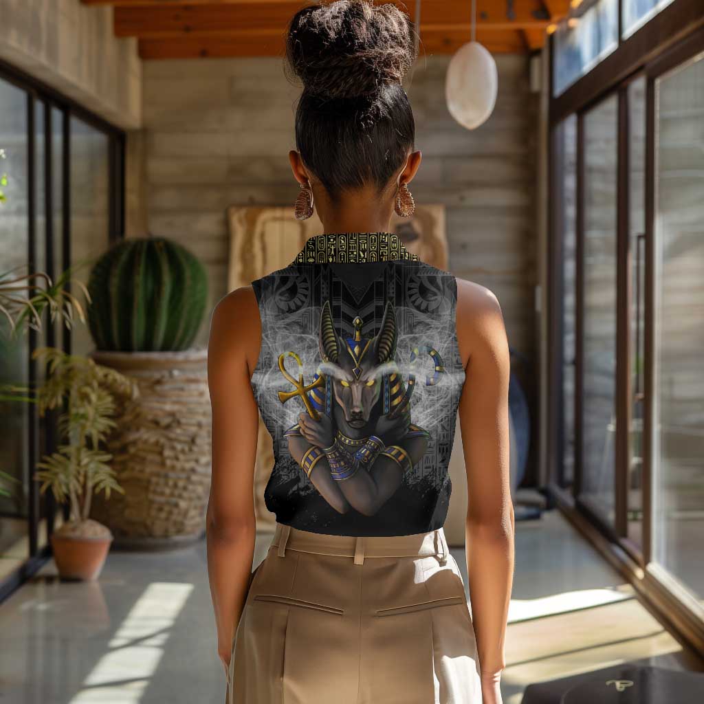 Anubis Women Sleeveless Polo Shirt Egypt Pattern Black