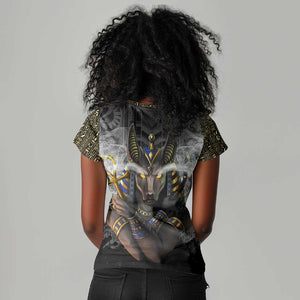 Anubis Women V-Neck T-Shirt Egypt Pattern Black