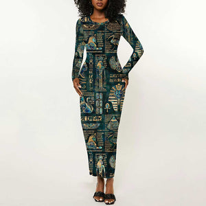 Egyptian Hieroglyphs And Deities Long Sleeve Bodycon Dress DT02