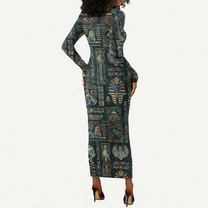Egyptian Hieroglyphs And Deities Long Sleeve Bodycon Dress DT02