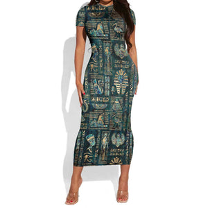 Egyptian Hieroglyphs And Deities Short Sleeve Bodycon Dress DT02