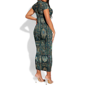 Egyptian Hieroglyphs And Deities Short Sleeve Bodycon Dress DT02