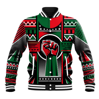 Power Fist And Patterns In Pan African Baseball Jacket DT02