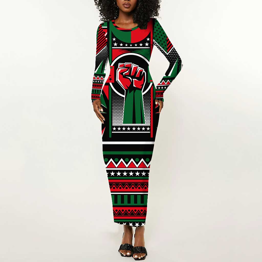 Power Fist And Patterns In Pan African Long Sleeve Bodycon Dress DT02