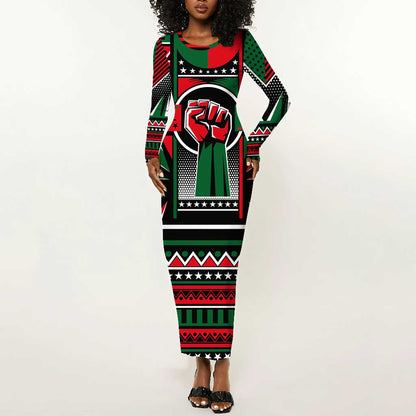 Power Fist And Patterns In Pan African Long Sleeve Bodycon Dress DT02