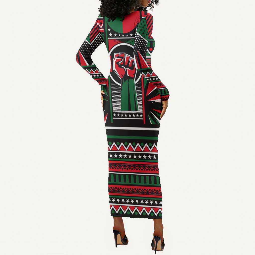 Power Fist And Patterns In Pan African Long Sleeve Bodycon Dress DT02