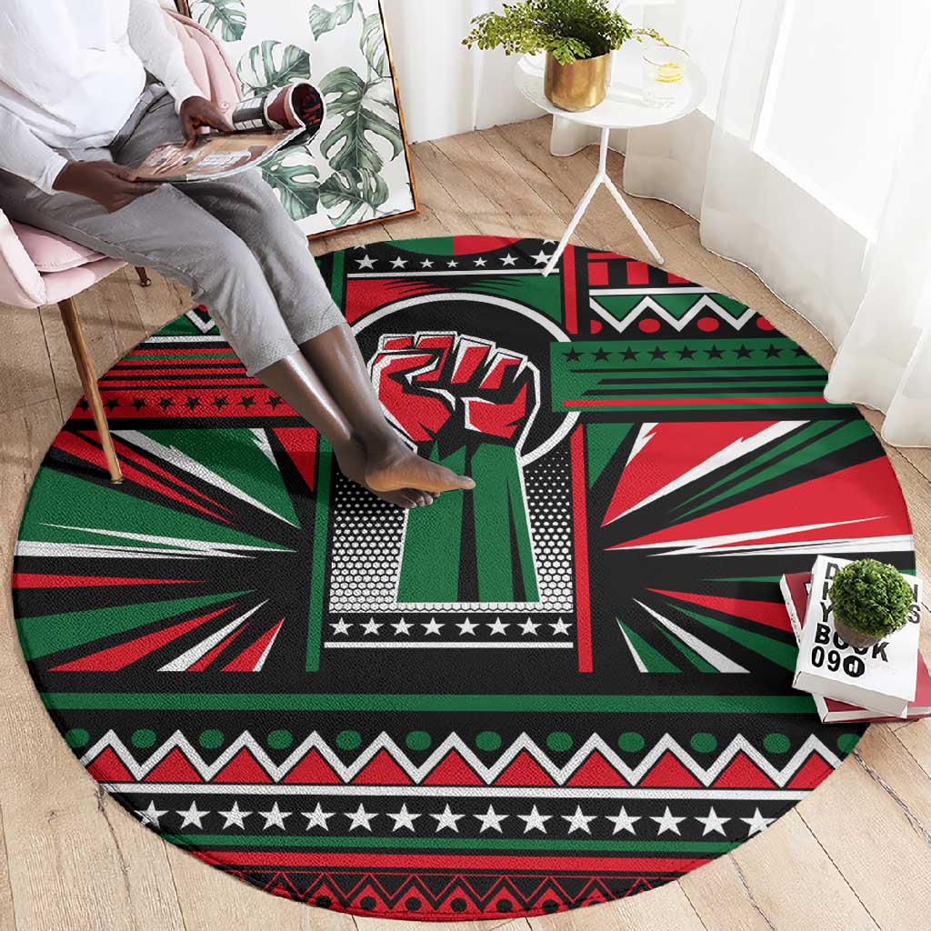 Power Fist And Patterns In Pan African Round Carpet