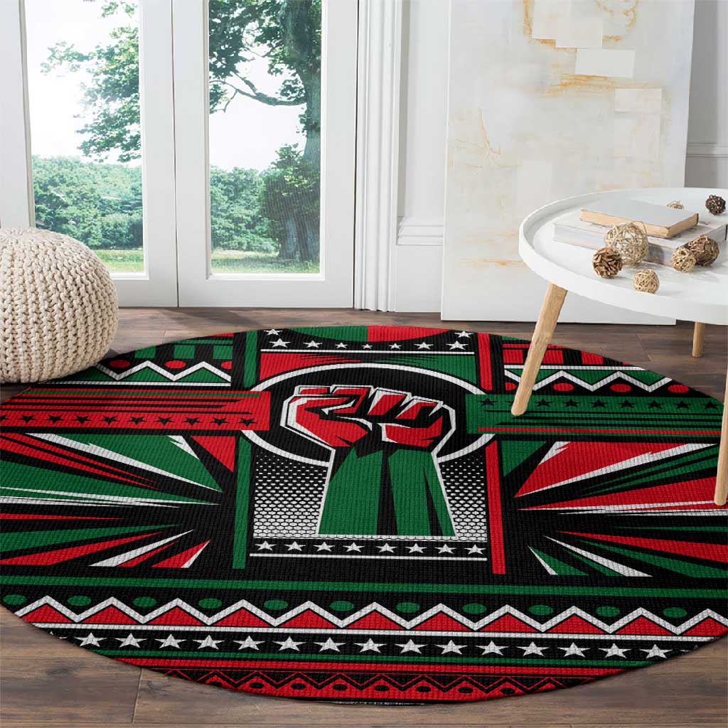 Power Fist And Patterns In Pan African Round Carpet