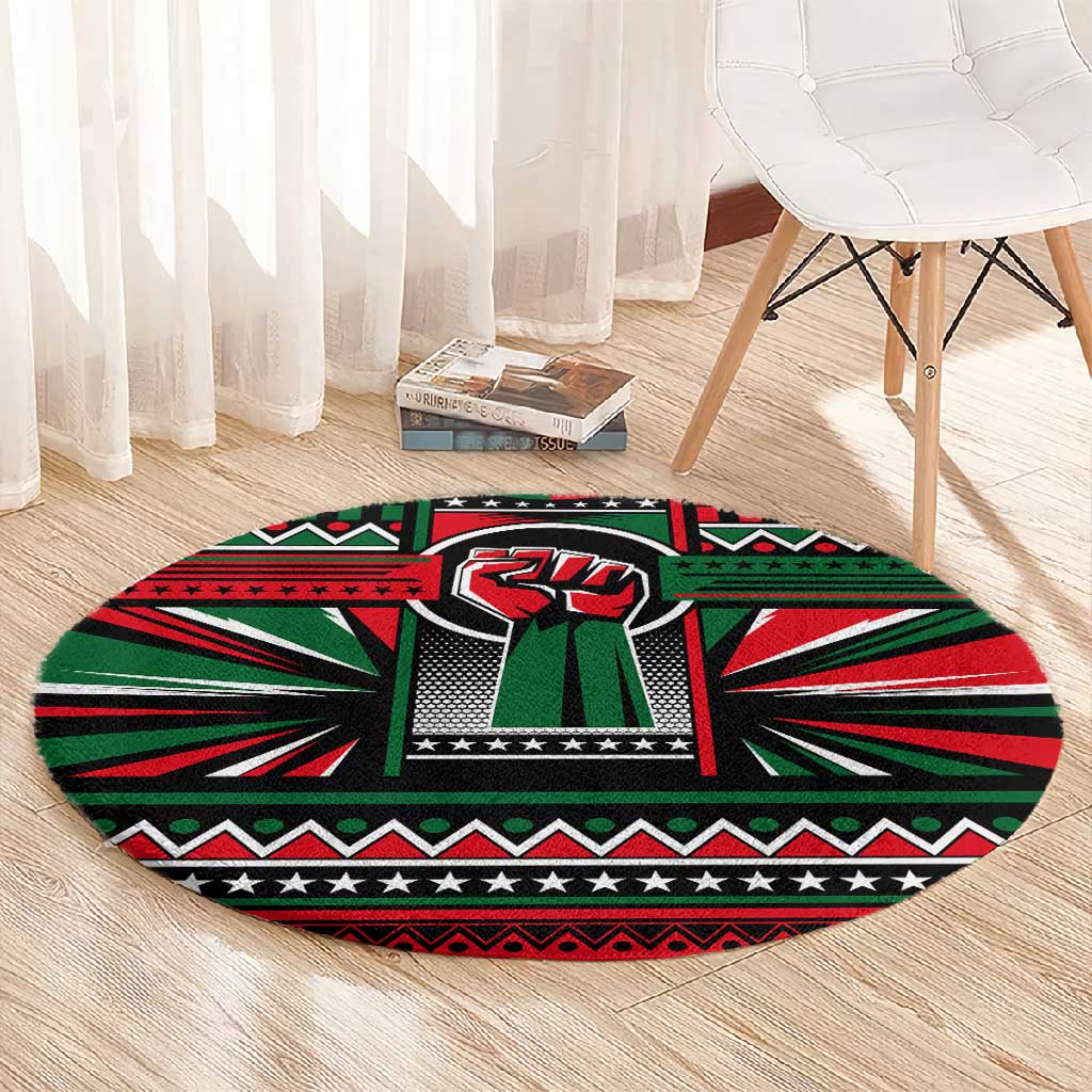 Power Fist And Patterns In Pan African Round Carpet