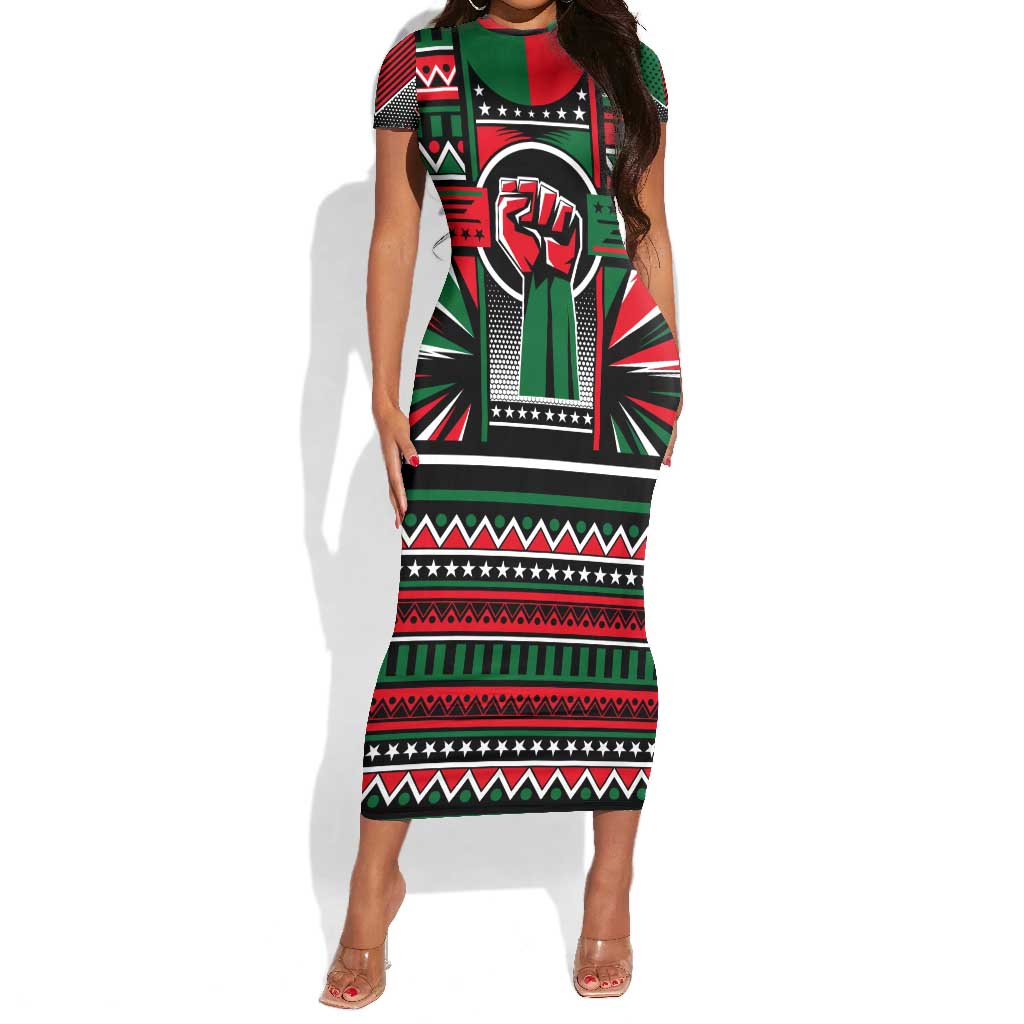 Power Fist And Patterns In Pan African Short Sleeve Bodycon Dress DT02