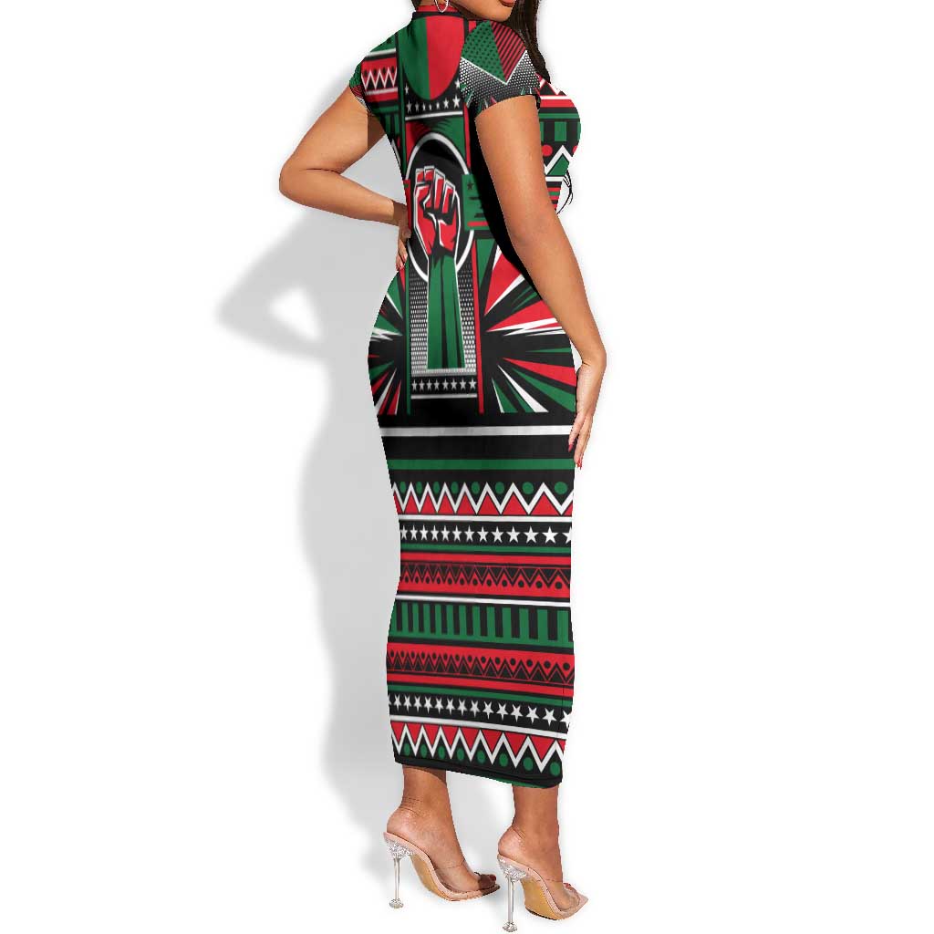 Power Fist And Patterns In Pan African Short Sleeve Bodycon Dress DT02