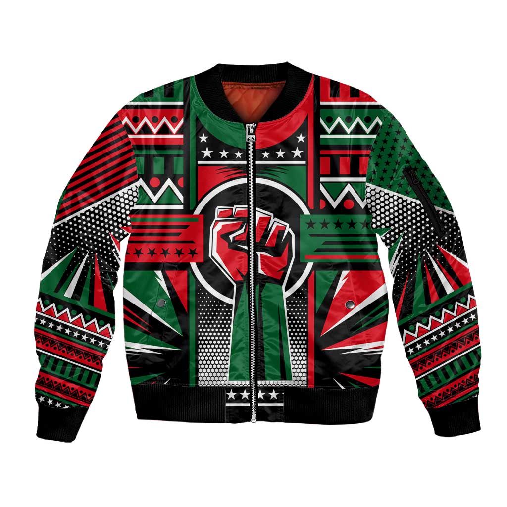 Power Fist And Patterns In Pan African Sleeve Zip Bomber Jacket