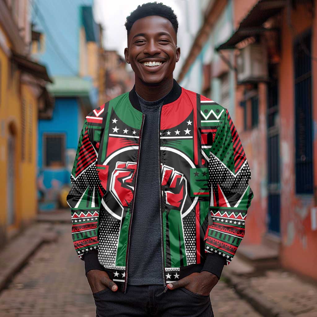 Power Fist And Patterns In Pan African Sleeve Zip Bomber Jacket