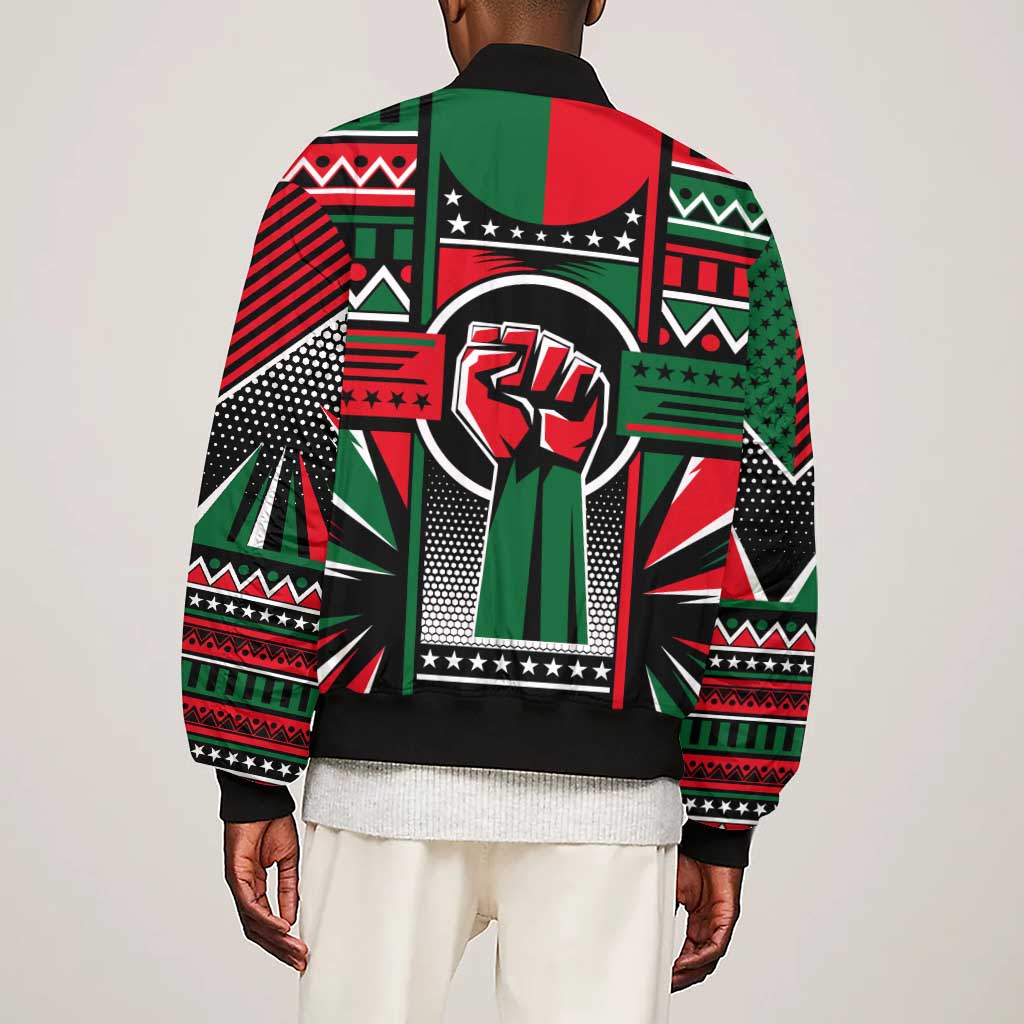 Power Fist And Patterns In Pan African Sleeve Zip Bomber Jacket