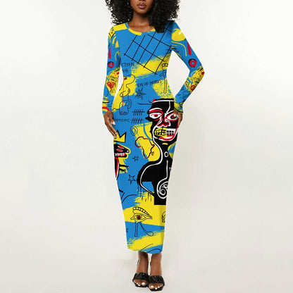 African Art Viva Underground Psychedelic Vintage Style Long Sleeve Bodycon Dress DT02