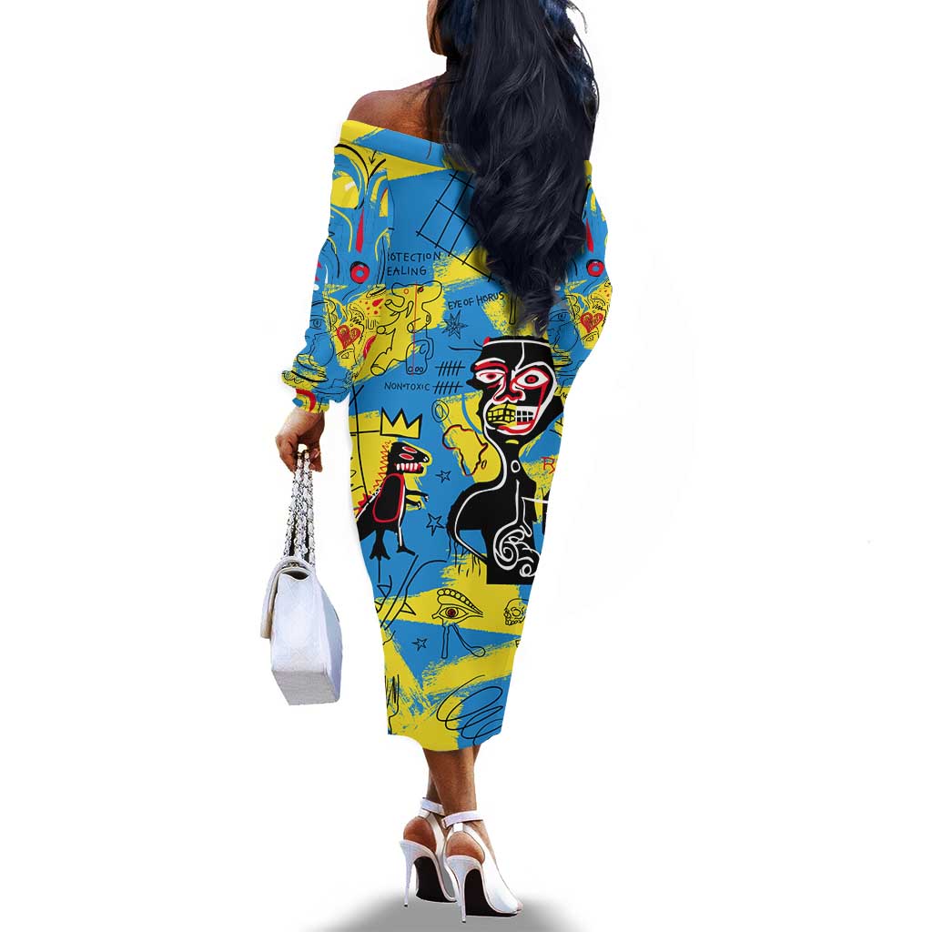 African Art Viva Underground Psychedelic Vintage Style Off The Shoulder Long Sleeve Dress