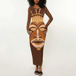 African Women Long Sleeve Bodycon Dress Tribal Ethnic Mask DT02
