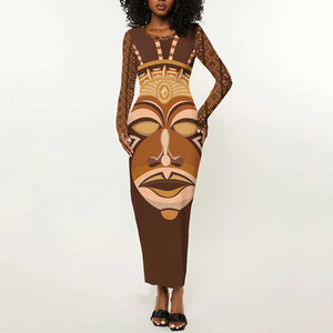 African Women Long Sleeve Bodycon Dress Tribal Ethnic Mask DT02