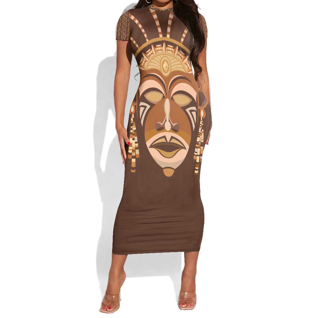 African Women Short Sleeve Bodycon Dress Tribal Ethnic Mask DT02