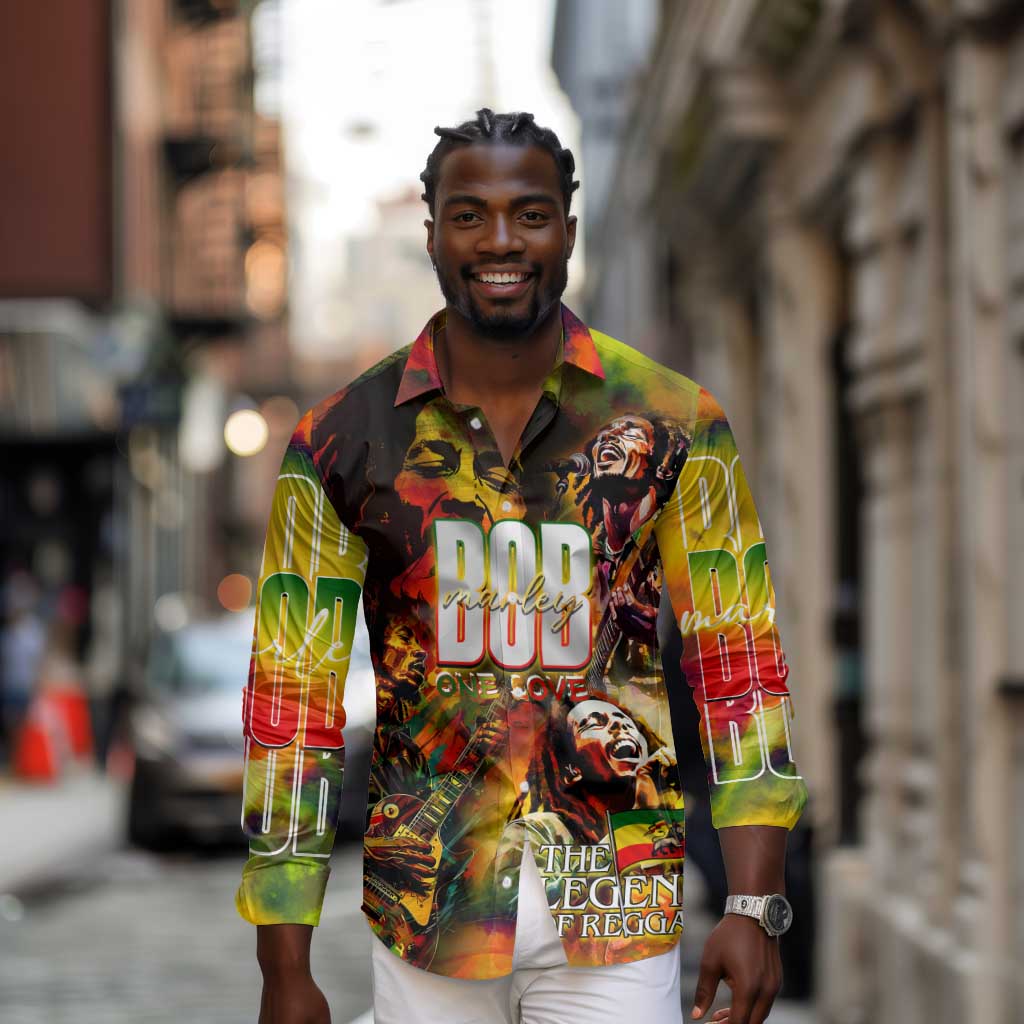 The Legend of Reggae One Love Long Sleeve Button Shirt Bob Colorful Art