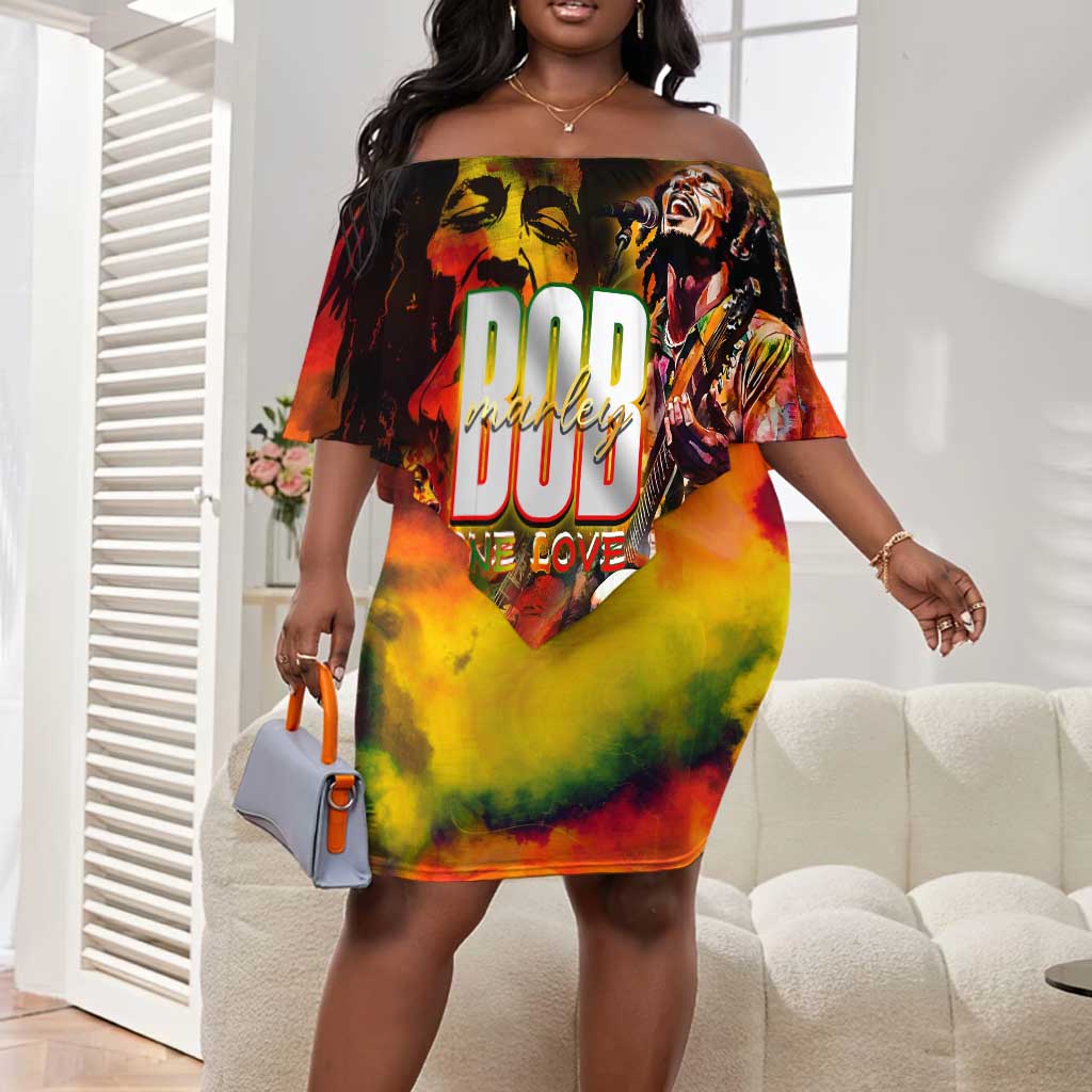 The Legend of Reggae One Love Off Shoulder Short Dress Bob Colorful Art