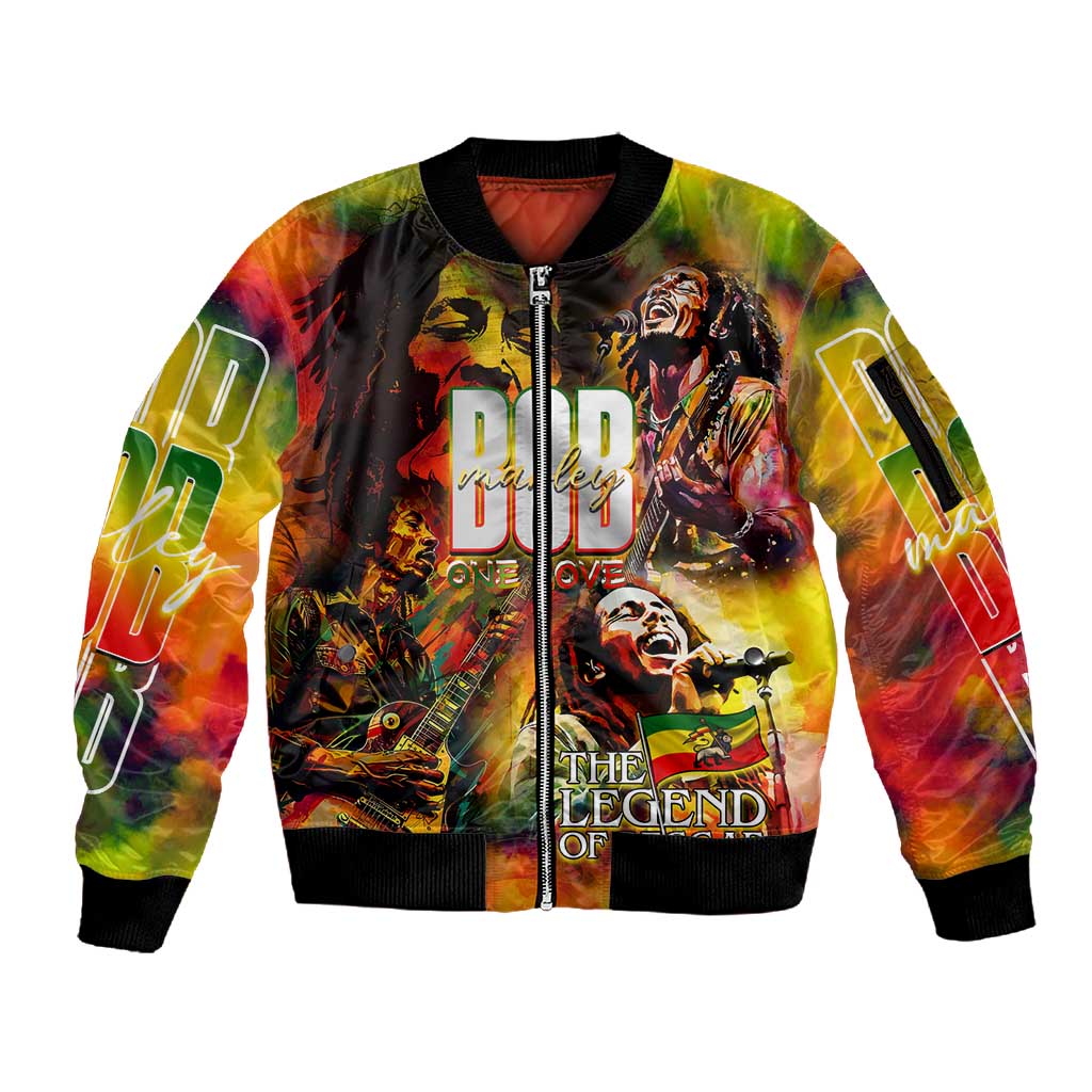 The Legend of Reggae One Love Sleeve Zip Bomber Jacket Bob Colorful Art