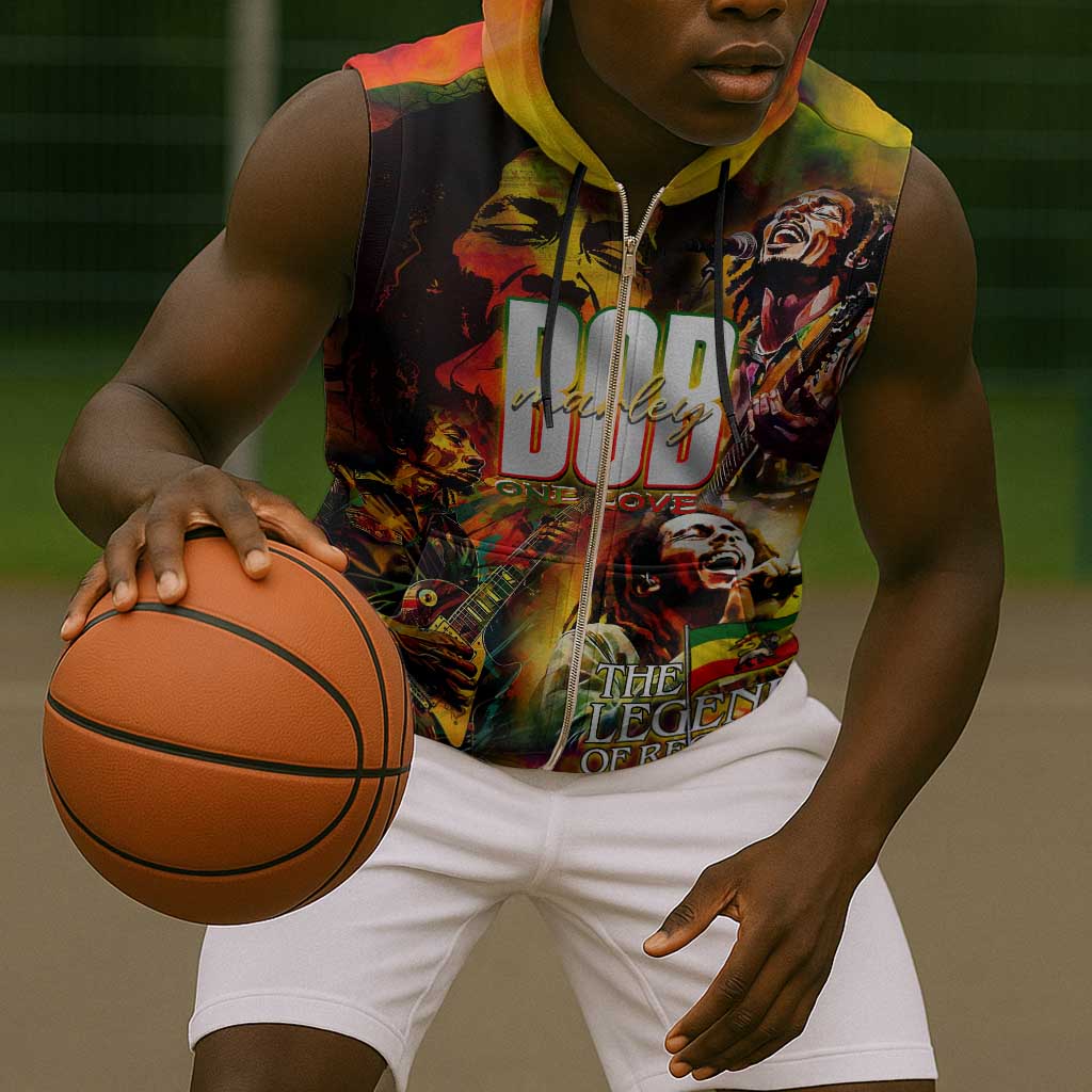 The Legend of Reggae One Love Sleeveless Zip Hoodie Bob Colorful Art - African Pride