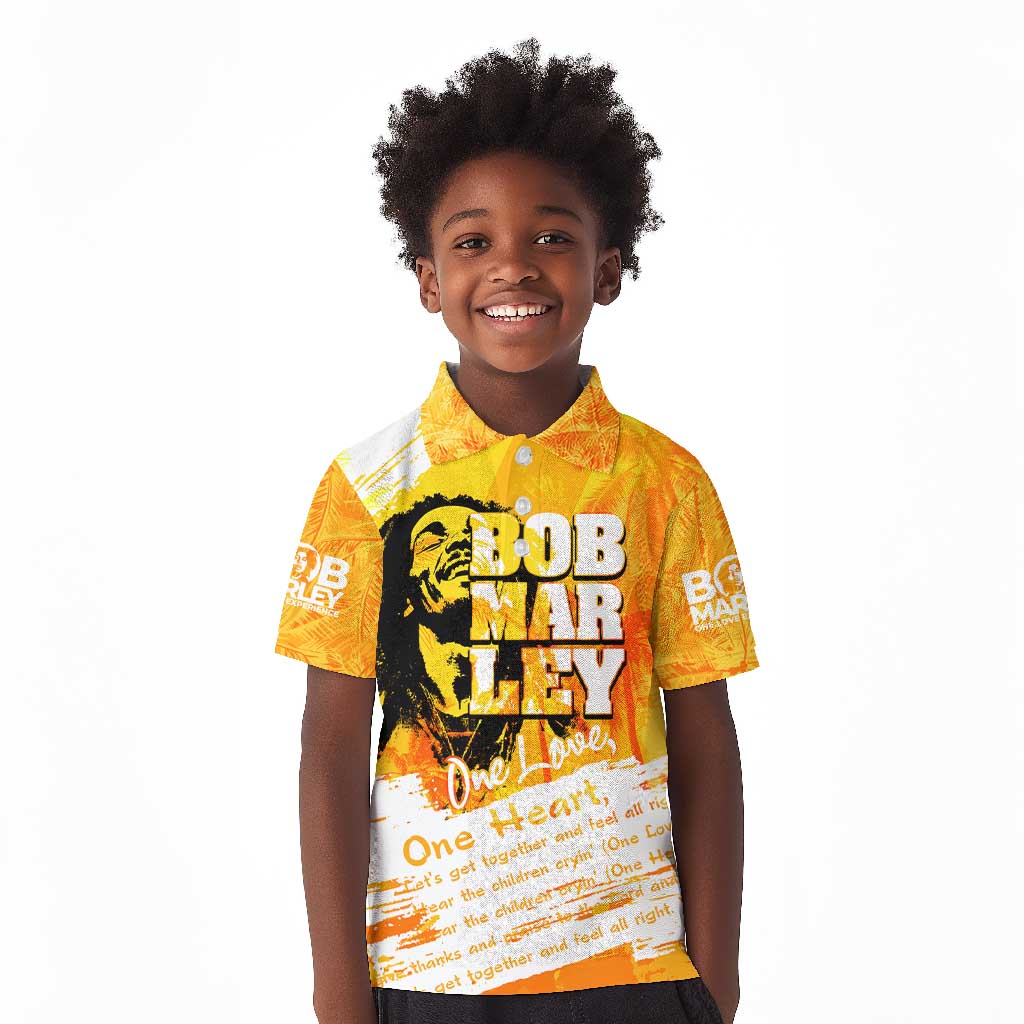 Legend Bob Reggae Afro Kid Polo Shirt One Love One Heart Tropical Leaf