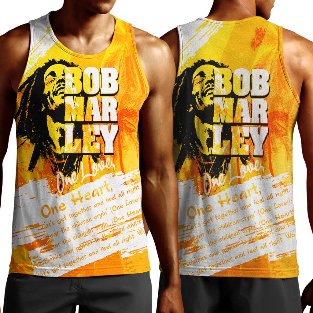 Legend Bob Reggae Afro Men Tank Top One Love One Heart Tropical Leaf