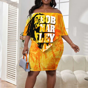 Legend Bob Reggae Afro Off Shoulder Short Dress One Love One Heart Tropical Leaf