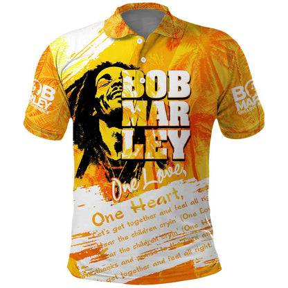 Legend Bob Reggae Afro Polo Shirt One Love One Heart Tropical Leaf