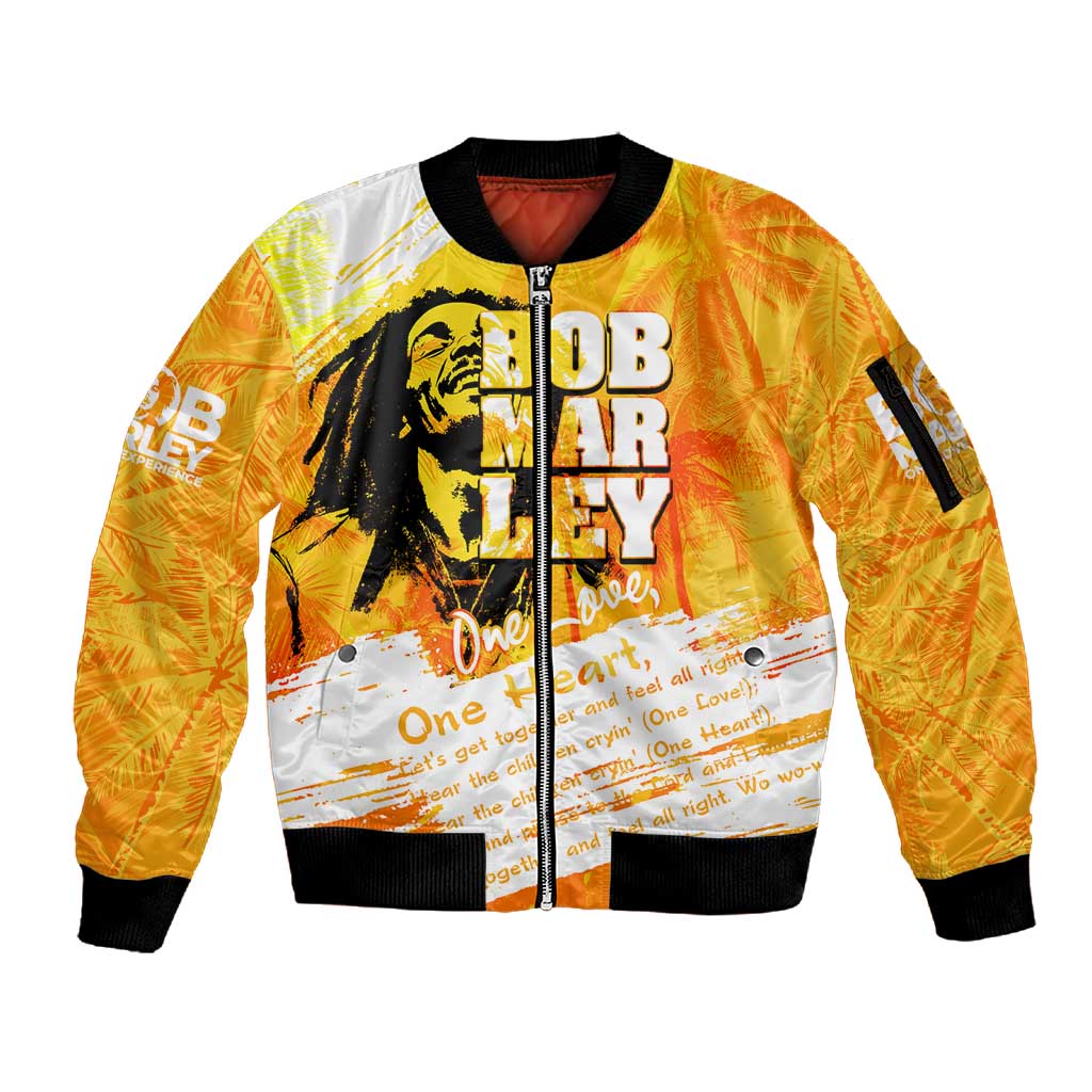 Legend Bob Reggae Afro Sleeve Zip Bomber Jacket One Love One Heart Tropical Leaf