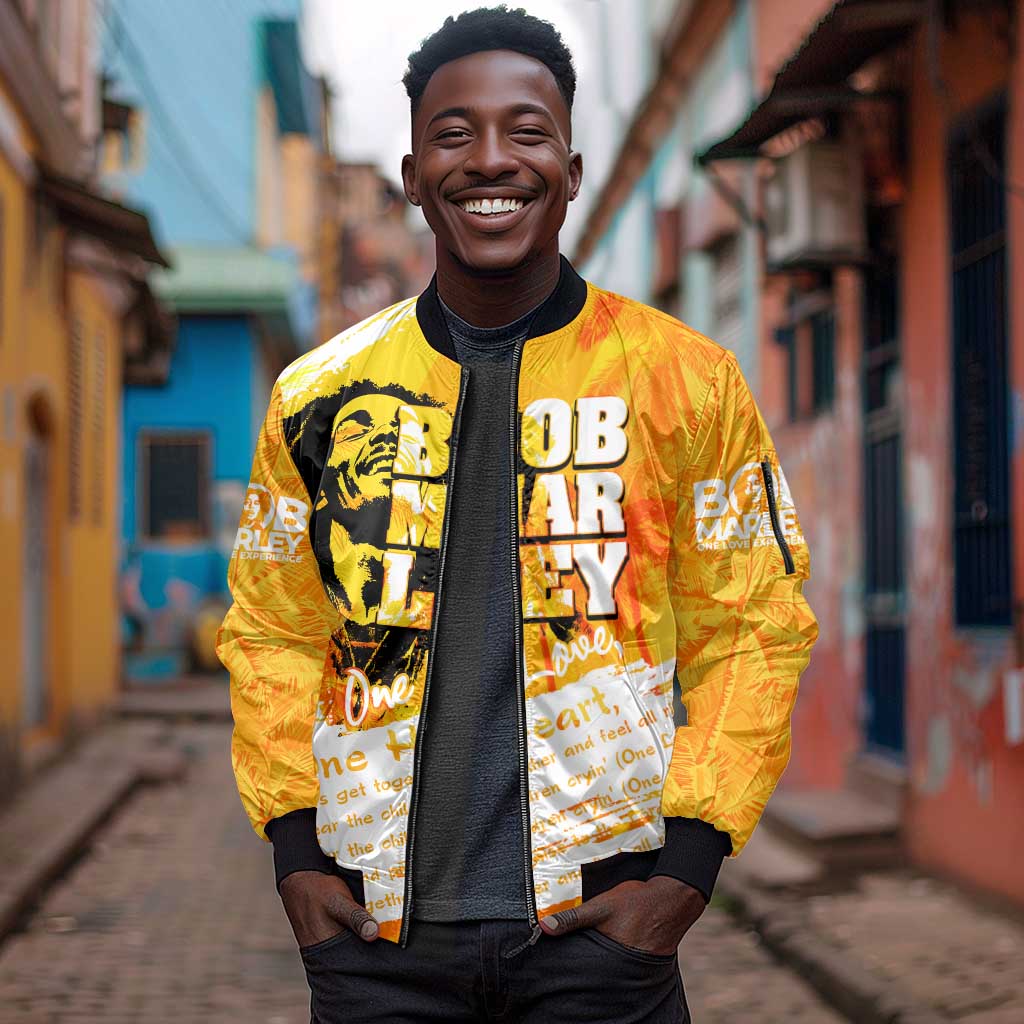 Legend Bob Reggae Afro Sleeve Zip Bomber Jacket One Love One Heart Tropical Leaf