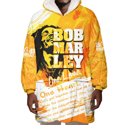 Legend Bob Reggae Afro Wearable Blanket Hoodie One Love One Heart Tropical Leaf