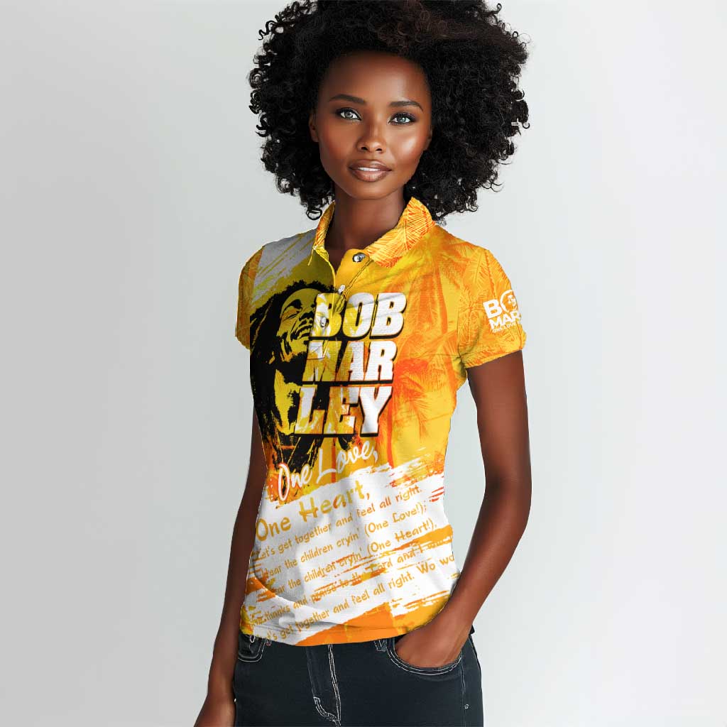 Legend Bob Reggae Afro Women Polo Shirt One Love One Heart Tropical Leaf