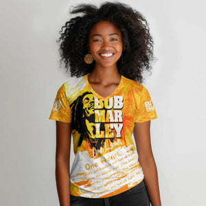 Legend Bob Reggae Afro Women V-Neck T-Shirt One Love One Heart Tropical Leaf
