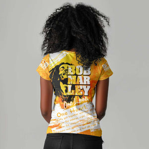 Legend Bob Reggae Afro Women V-Neck T-Shirt One Love One Heart Tropical Leaf