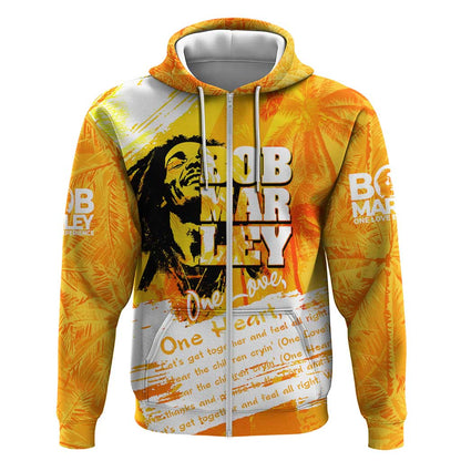 Legend Bob Reggae Afro Zip Hoodie One Love One Heart Tropical Leaf