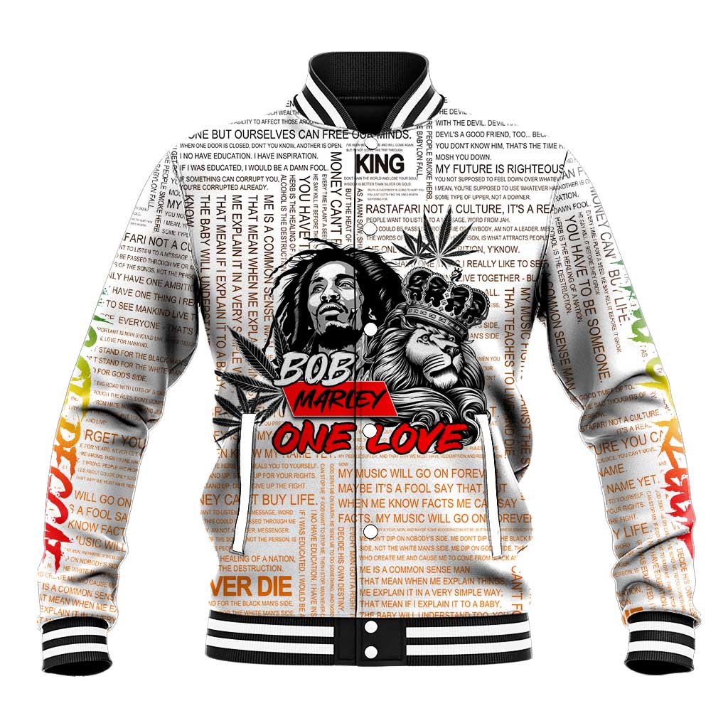 Afro King of Reggae Legend Bob Baseball Jacket Rastafari Lion Cannabis Typography Style