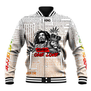 Afro King of Reggae Legend Bob Baseball Jacket Rastafari Lion Cannabis Typography Style